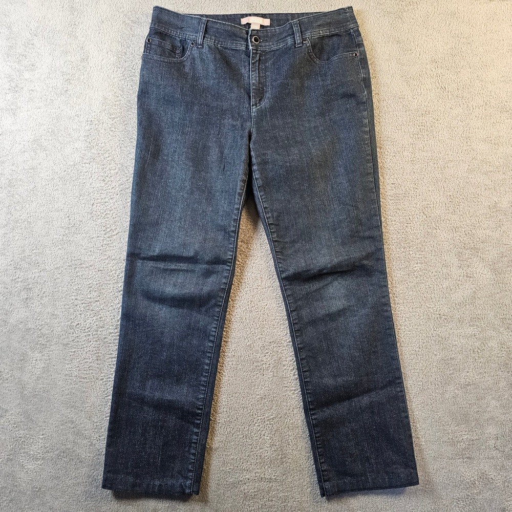 Chico's Dark Wash Straight Leg Embroidered Rhinestone Jeans 1.5 Short 10S